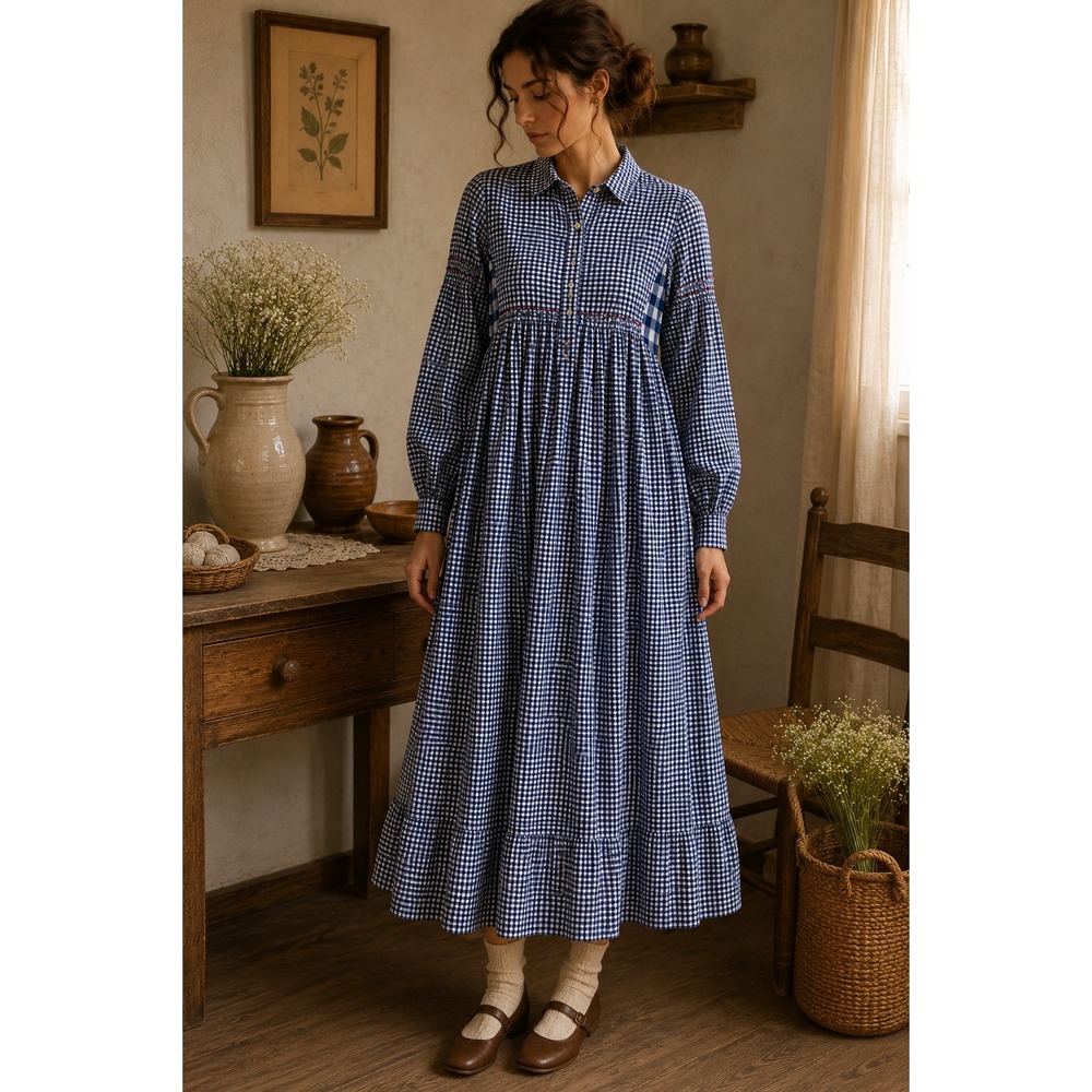 Injiri Neel-01 Gingham Long Sleeve Smocked Embroidered Midi Dress Indigo Blue M
